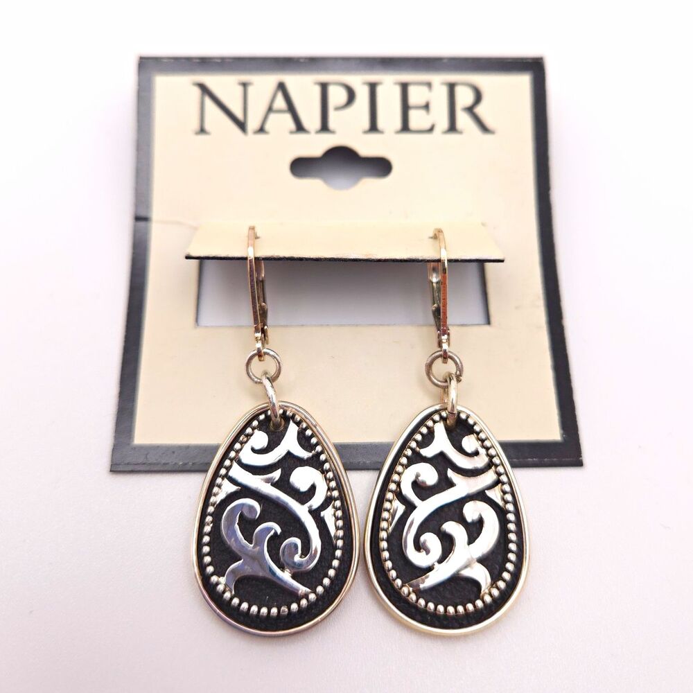 Napier | Silver Tone Black Teardrop Dangle Leverback Earrings Signed